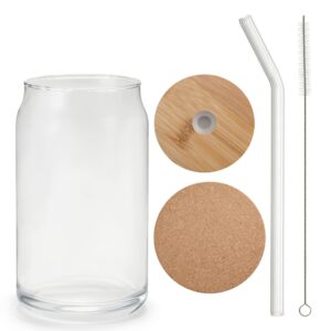 Altfun Drinking Glasses with Bamboo Lids,Glass Straw and Coaster 4pcs-16oz Can Shaped Glass Cups,Beer Glasses,Iced Coffee Glasses,Cute Tumbler Cup,Ideal for Cocktail,Whiskey,Gift-2 Cleaning Brushes