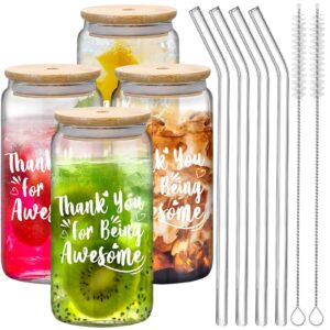 nuanchu appreciation gifts 4 pack thanks for being awesome glass cups with lids and straws 16 oz thank you gifts for women men staff employee appreciation gifts for friends, coworkers