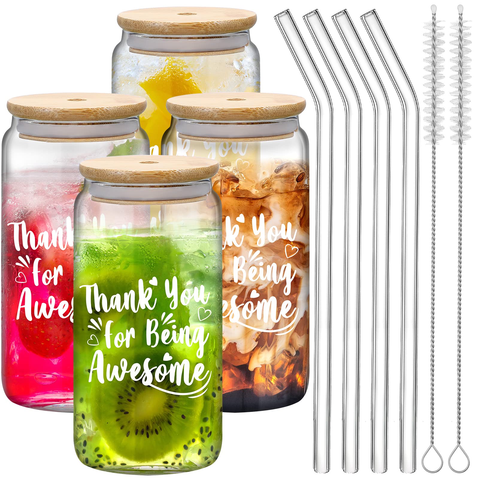 Nuanchu Appreciation Gifts 4 Pack Thanks for Being Awesome Glass Cups with Lids and Straws 16 Oz Thank You Gifts for Women Men Staff Employee Appreciation Gifts for Friends, Coworkers