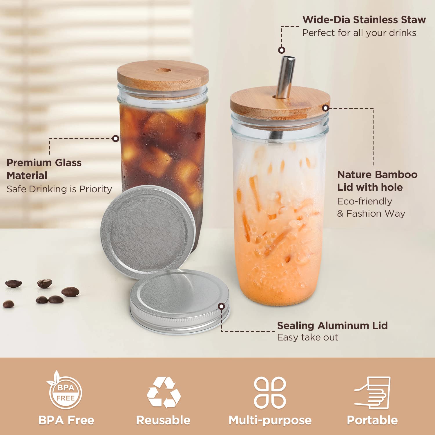 MCleanPin 24OZ Glass Cups with Lids and Straws,Iced Coffee Cups with Lids,Reusable Boba Cups,Smoothie Cups,Mason Jars Cups with Lids and Straws,Drinking Glasses Cups,Glass Tumbler for Travel