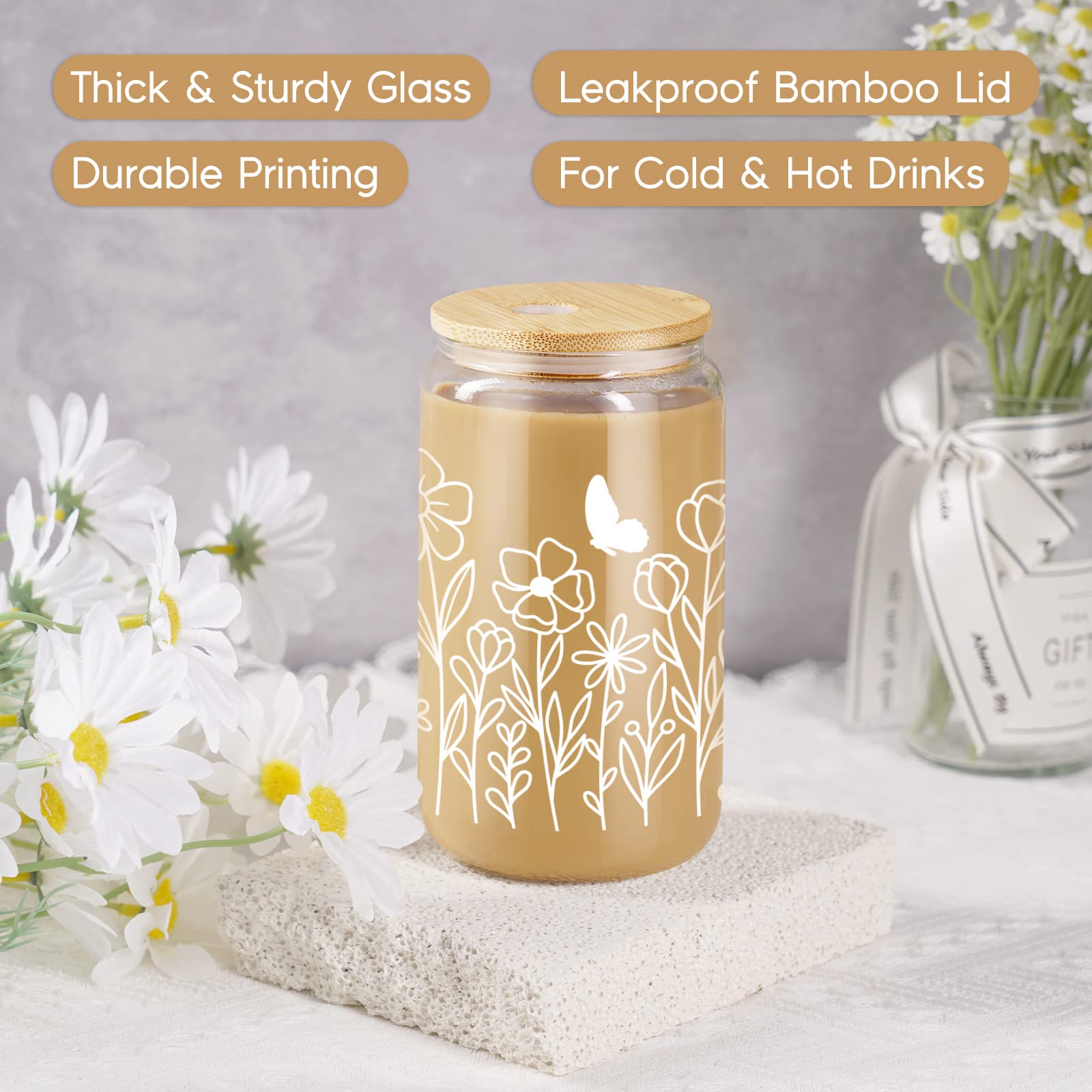 GSPY Floral with Butterfly Iced Coffee Cup, 16oz Iced Coffee Glasses with Lids and Straws - Cute Glass Cups, Aesthetic Cup, Glass Tumbler - Birthday, Mothers Day Gifts for Women, Coffee Lovers