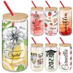 personalized glass cups with bamboo lids and straws custom name photo sublimation drinking glass can tumbler 16oz customized ice coffee cup gift for birthday wedding graduation anniversary party