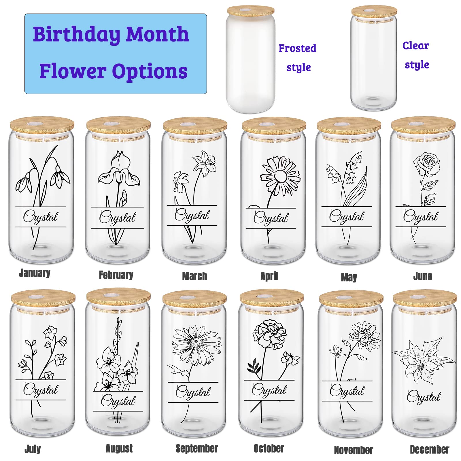 Personalized Glass Cups with Bamboo Lids and Straws Custom Name Photo Sublimation Drinking Glass Can Tumbler 16oz Customized Ice Coffee Cup Gift for Birthday Wedding Graduation Anniversary Party