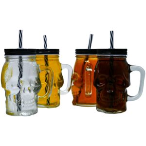 gxfccyxt 16oz skull mason jar glass cup - set of 4, with handle & striped straws & black lids, for cold & hot drinks, cute reusable beer bottle, iced coffee glasses, party juice glass cup