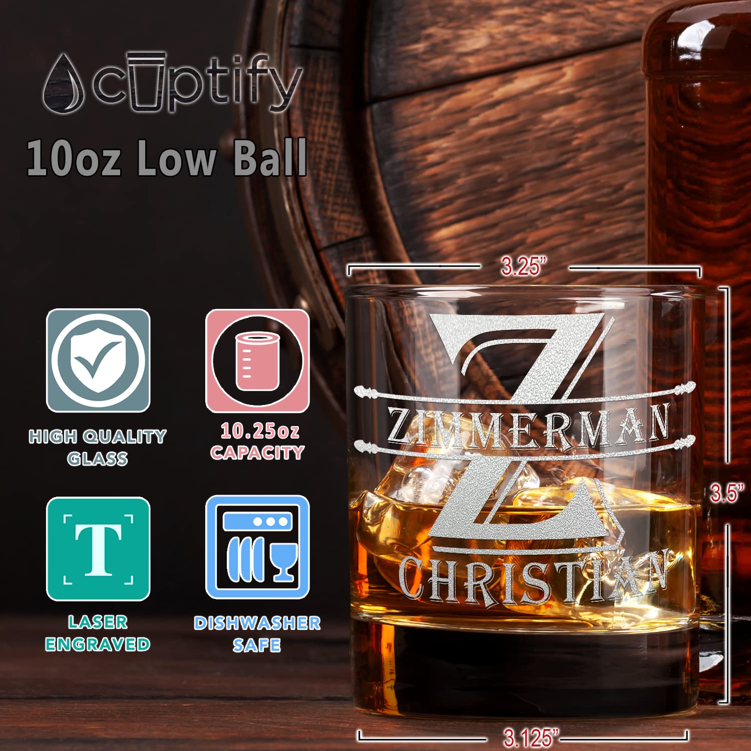 Personalized Whiskey Glass for Men Set of 2 Etched Monogram with Name 10.25 oz Old Fashioned Rocks Cocktail Bourbon Glass 13 Customizable Designs Gift