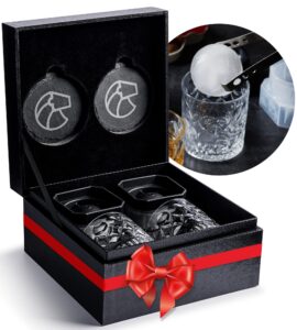 leebs whiskey set - whiskey gifts for men - whiskey glasses set of 2, 2 large sphere ice molds, 2 slate coasters, gift box - bourbon gifts for men, dad, husband, birthday, anniversary, christmas