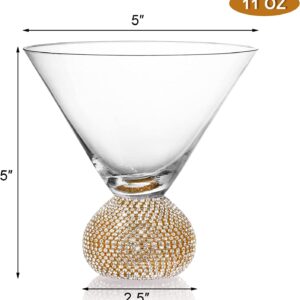 Youeon 11 Oz Stemless Martini Glasses Set of 2, Crystal Cocktail Glasses with Rhinestone Ball Base, Gold Wine Glasses for Bar, Martini, Margarita, Manhattan, Mixed Drinks, Desserts