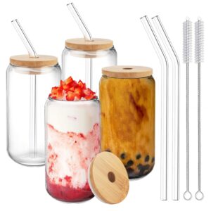 hoteelee drinking glasses with bamboo lids and glass straw,4pcs set,16.9 oz can shape beer glasses cup,iced coffee glass jar,cute tumbler cup,soda,iced tea,goblet cup,ideal for,cocktail,whiskey,wine