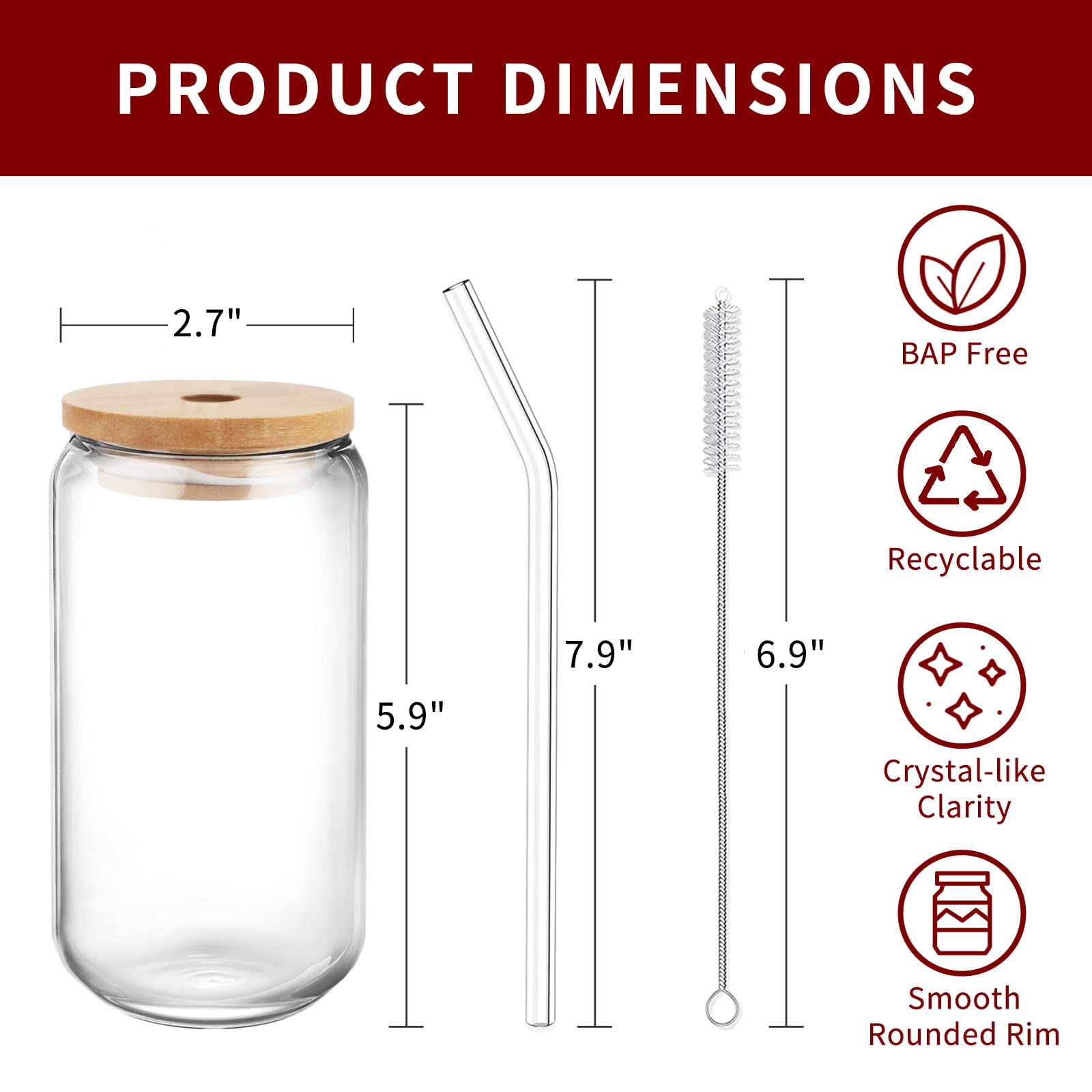 Hoteelee Drinking Glasses with Bamboo Lids and Glass Straw,4pcs Set,16.9 oz Can Shape Beer Glasses Cup,Iced Coffee Glass Jar,Cute Tumbler Cup,Soda,Iced Tea,Goblet Cup,Ideal for,Cocktail,Whiskey,Wine