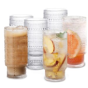tobhuyexz vintage glassware set of 6 beaded clear glass cups with water droplet fluted pattern ribbed glassware iced coffee cups for juice cocktail whiskey water