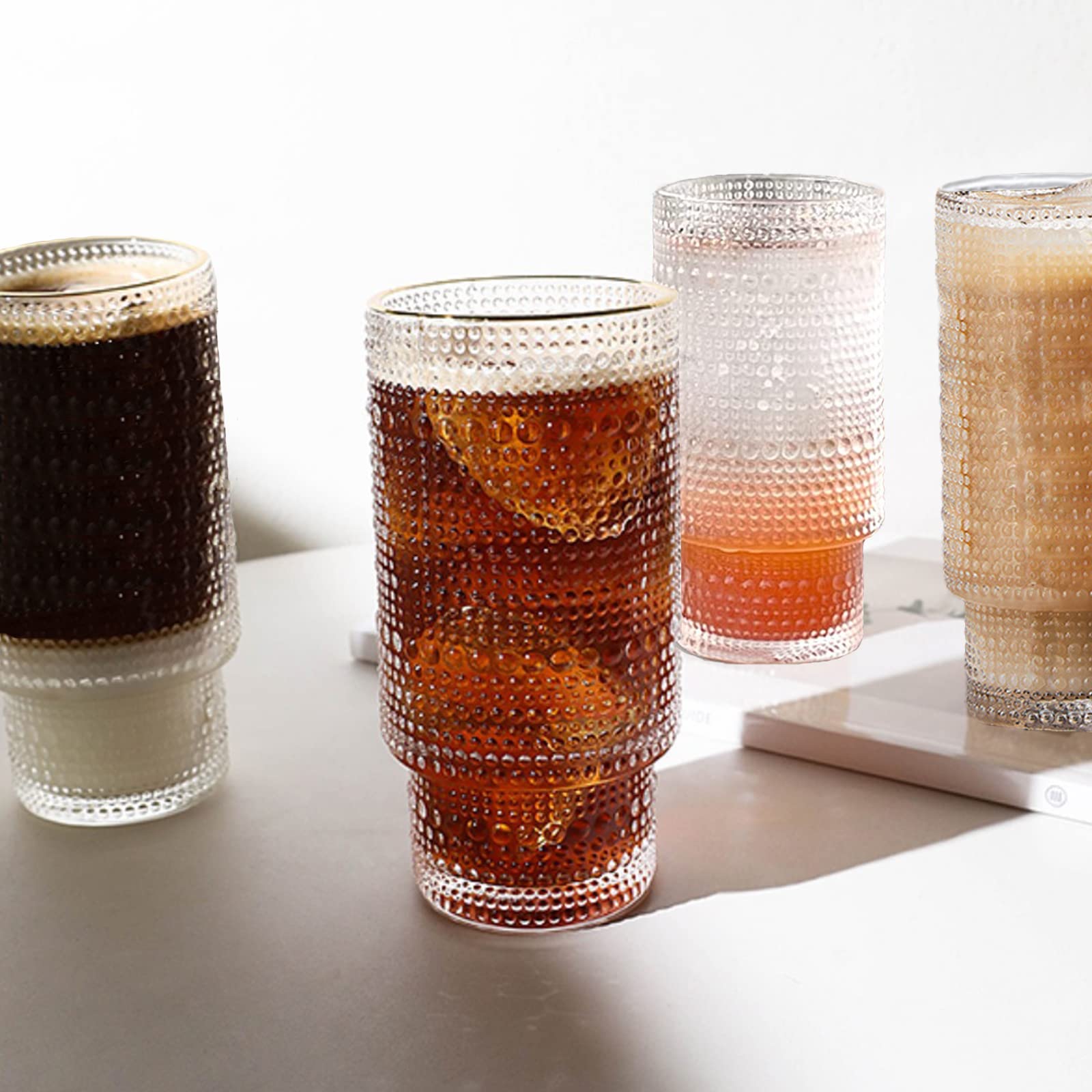 TOBHUYEXZ Vintage Glassware Set of 6 Beaded Clear Glass Cups with Water Droplet Fluted Pattern Ribbed Glassware Iced Coffee Cups for Juice cocktail Whiskey Water