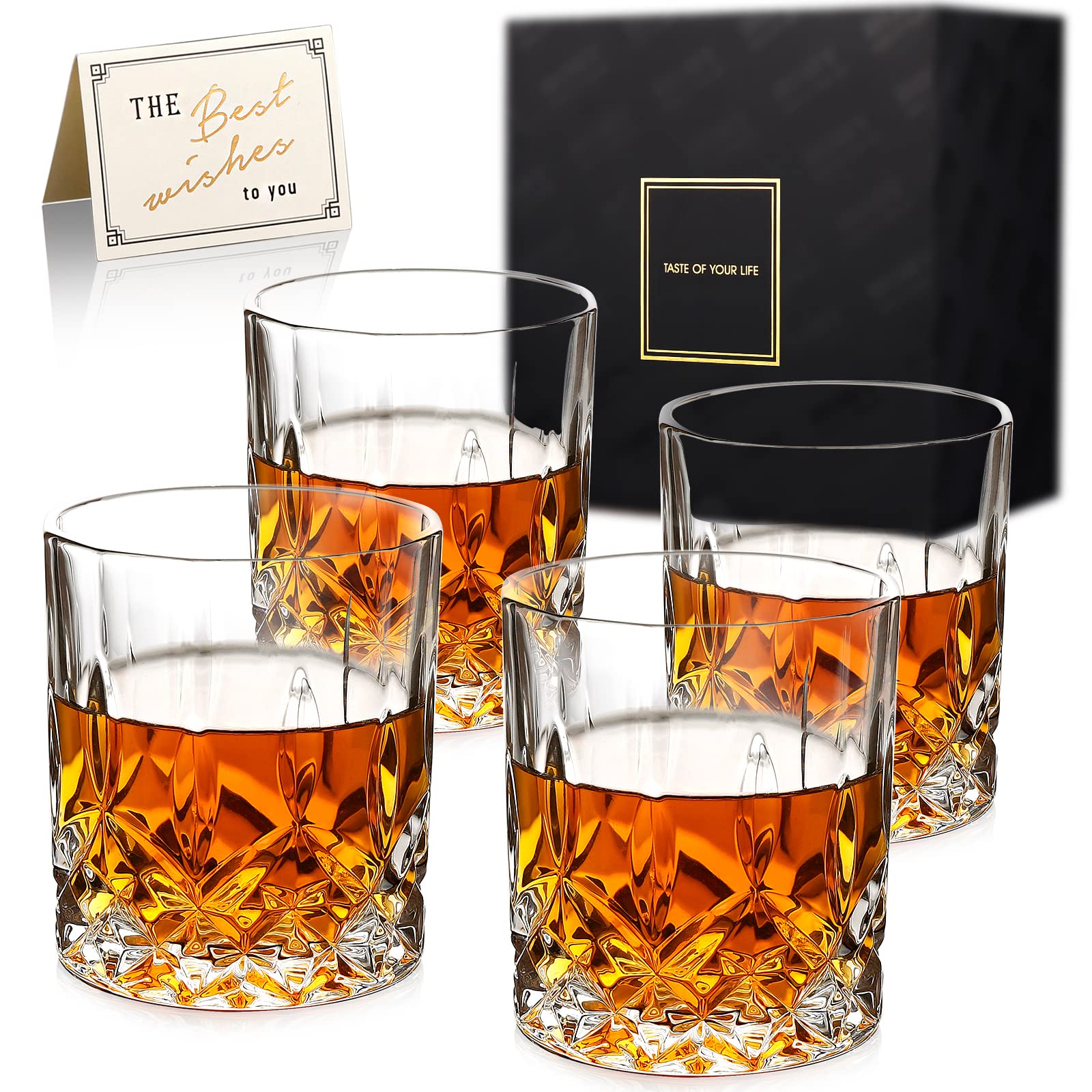 HOHY Whiskey Glasses Set of 4, Old Fashioned Glasses, Bourbon Glasses, 11 oz Thick Bottom Old Fashioned Whiskey Glasses for Men, Premium Whiskey Gifts for Bourbon, Scotch, Cocktail.