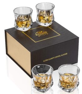 kanars rocks whiskey glass, crystal old fashioned glasses set of 4 in gift box for dad, unique 7 oz lowball tumbler glasses for scotch rum tequila snifter vodka, bourbon gift for men
