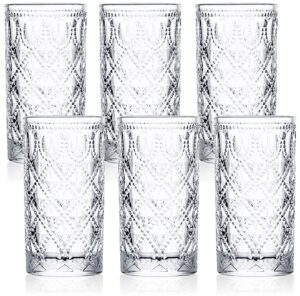 yesland 6 pack drinking glasses - 12 oz vintage water glasses hobnail glasses drinking set clear romantic glassware for juice, cocktail, whiskey, beverages, beer