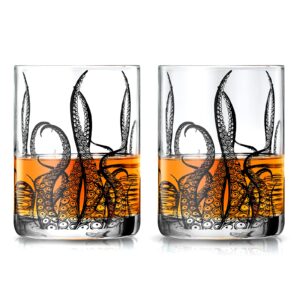 octopus tentacle whiskey glassware | set of 2 | 9 oz handmade craft beer, cocktail, water, bar rock glass - kraken tumbler gift set, old fashioned rocks glasses, antique design extraordinary detail