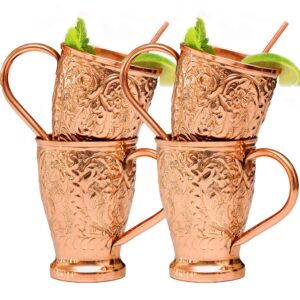 kamojo moscow mule cups set of 4 - premium moscow mule copper mugs with unique embossed design & anti-tarnish, food-grade coating - copper cups gift set with 4 copper straws & recipe e-book, 16 oz