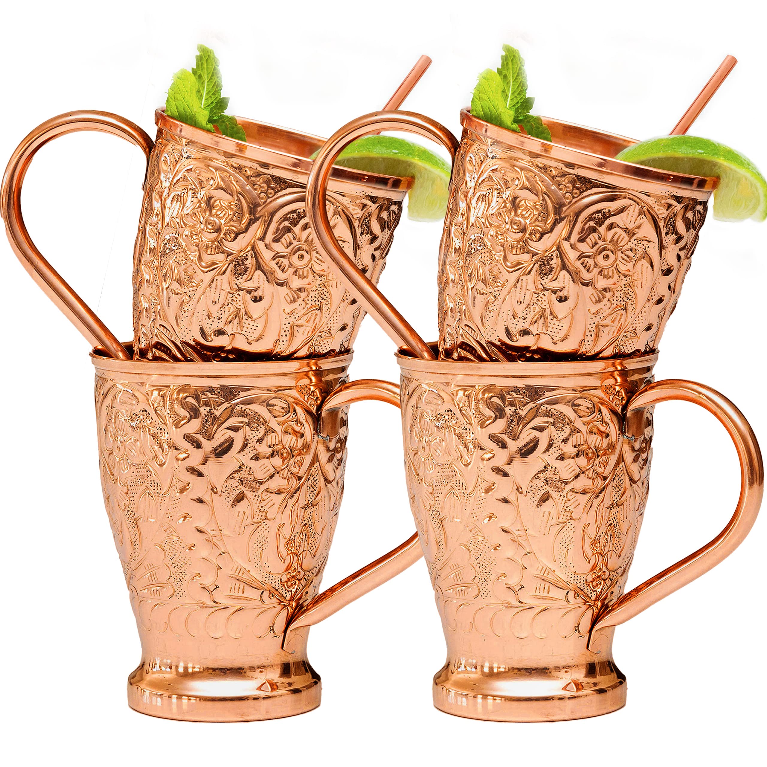 Kamojo Moscow Mule Cups Set of 4 - Premium Moscow Mule Copper Mugs with Unique Embossed Design & Anti-Tarnish, Food-Grade Coating - Copper Cups Gift Set with 4 Copper Straws & Recipe E-Book, 16 oz