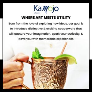 Kamojo Moscow Mule Cups Set of 4 - Premium Moscow Mule Copper Mugs with Unique Embossed Design & Anti-Tarnish, Food-Grade Coating - Copper Cups Gift Set with 4 Copper Straws & Recipe E-Book, 16 oz