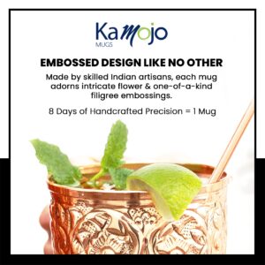Kamojo Moscow Mule Cups Set of 4 - Premium Moscow Mule Copper Mugs with Unique Embossed Design & Anti-Tarnish, Food-Grade Coating - Copper Cups Gift Set with 4 Copper Straws & Recipe E-Book, 16 oz