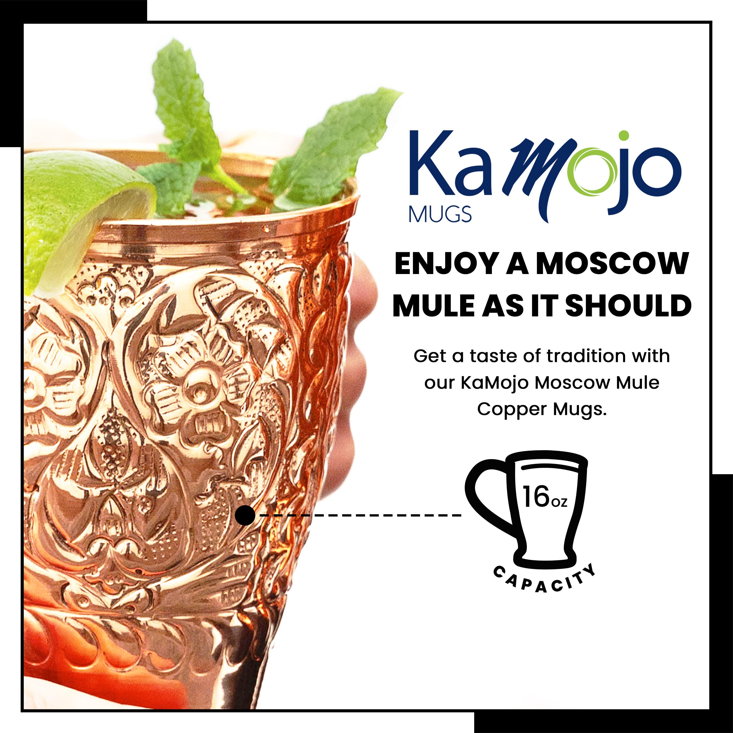 Kamojo Moscow Mule Cups Set of 4 - Premium Moscow Mule Copper Mugs with Unique Embossed Design & Anti-Tarnish, Food-Grade Coating - Copper Cups Gift Set with 4 Copper Straws & Recipe E-Book, 16 oz