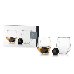 viski 4-piece tumbler and basalt stone set, set of 2 glasses, rocks glass with whiskey stones, faceted and hexagonal design, set of 4