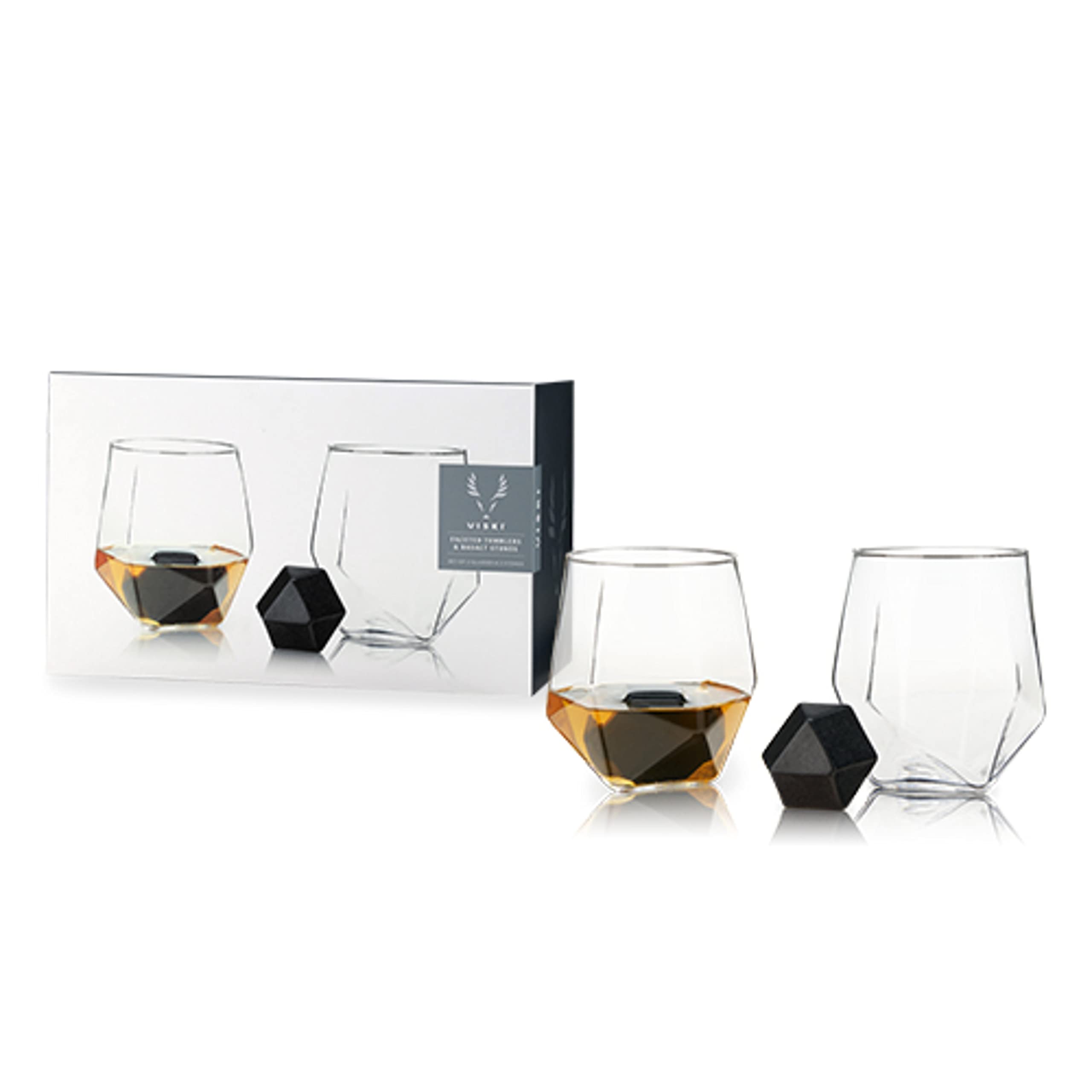 Viski 4-Piece Tumbler and Basalt Stone Set, Set of 2 Glasses, Rocks Glass with Whiskey Stones, Faceted and Hexagonal Design, Set of 4