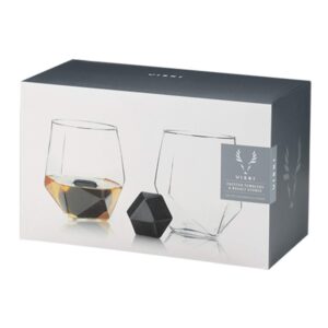 Viski 4-Piece Tumbler and Basalt Stone Set, Set of 2 Glasses, Rocks Glass with Whiskey Stones, Faceted and Hexagonal Design, Set of 4