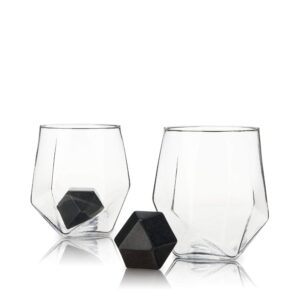 Viski 4-Piece Tumbler and Basalt Stone Set, Set of 2 Glasses, Rocks Glass with Whiskey Stones, Faceted and Hexagonal Design, Set of 4