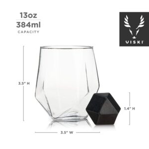 Viski 4-Piece Tumbler and Basalt Stone Set, Set of 2 Glasses, Rocks Glass with Whiskey Stones, Faceted and Hexagonal Design, Set of 4