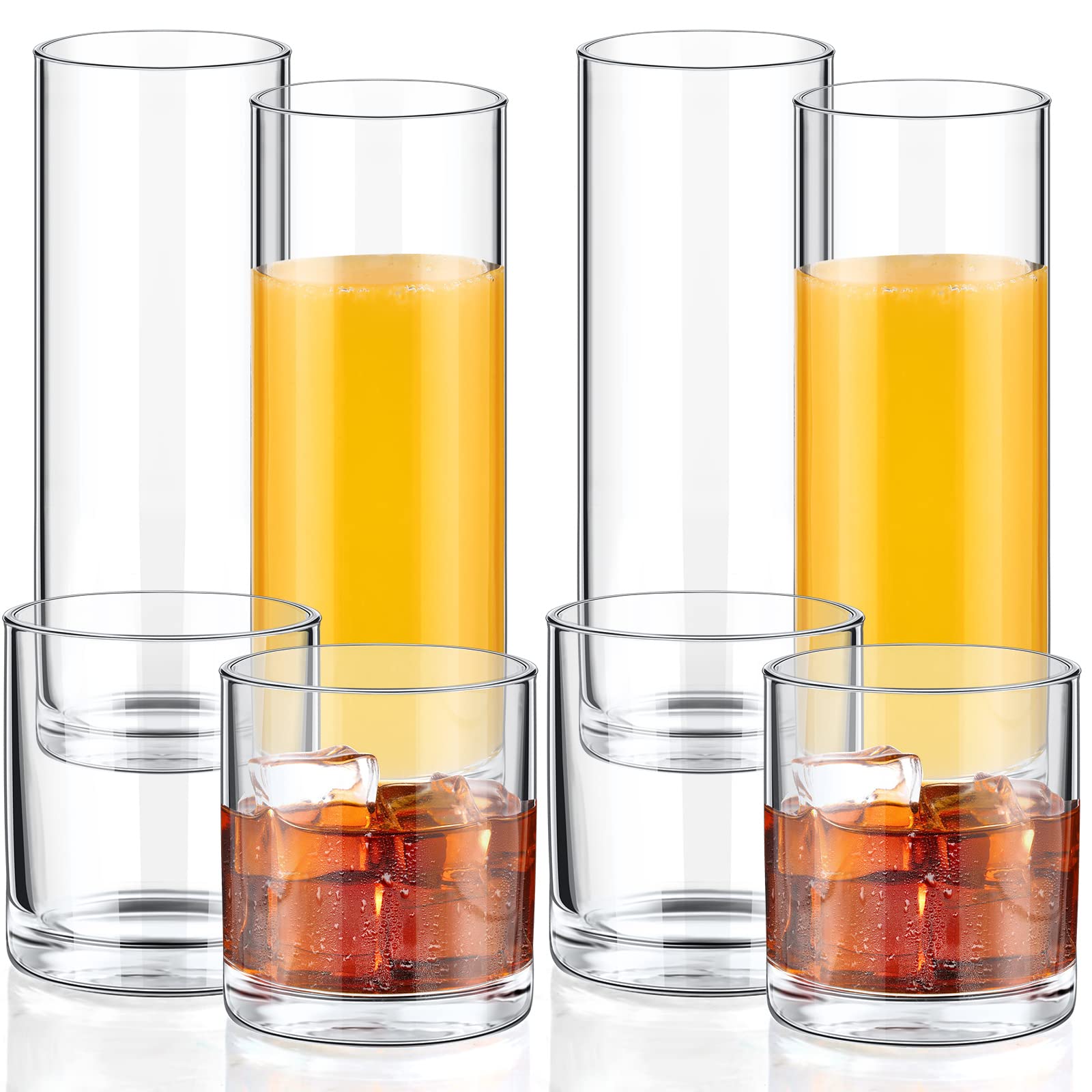 Rtteri 8 Pcs 9.8 oz Drinking Glasses Set, 4 Clear Whiskey Glasses and 4 Highball Glasses, Old Fashioned Cocktail Glasses Bourbon Rocks Glass Cups Tall Crystal Glass for Bar Glassware Water Wine Juice