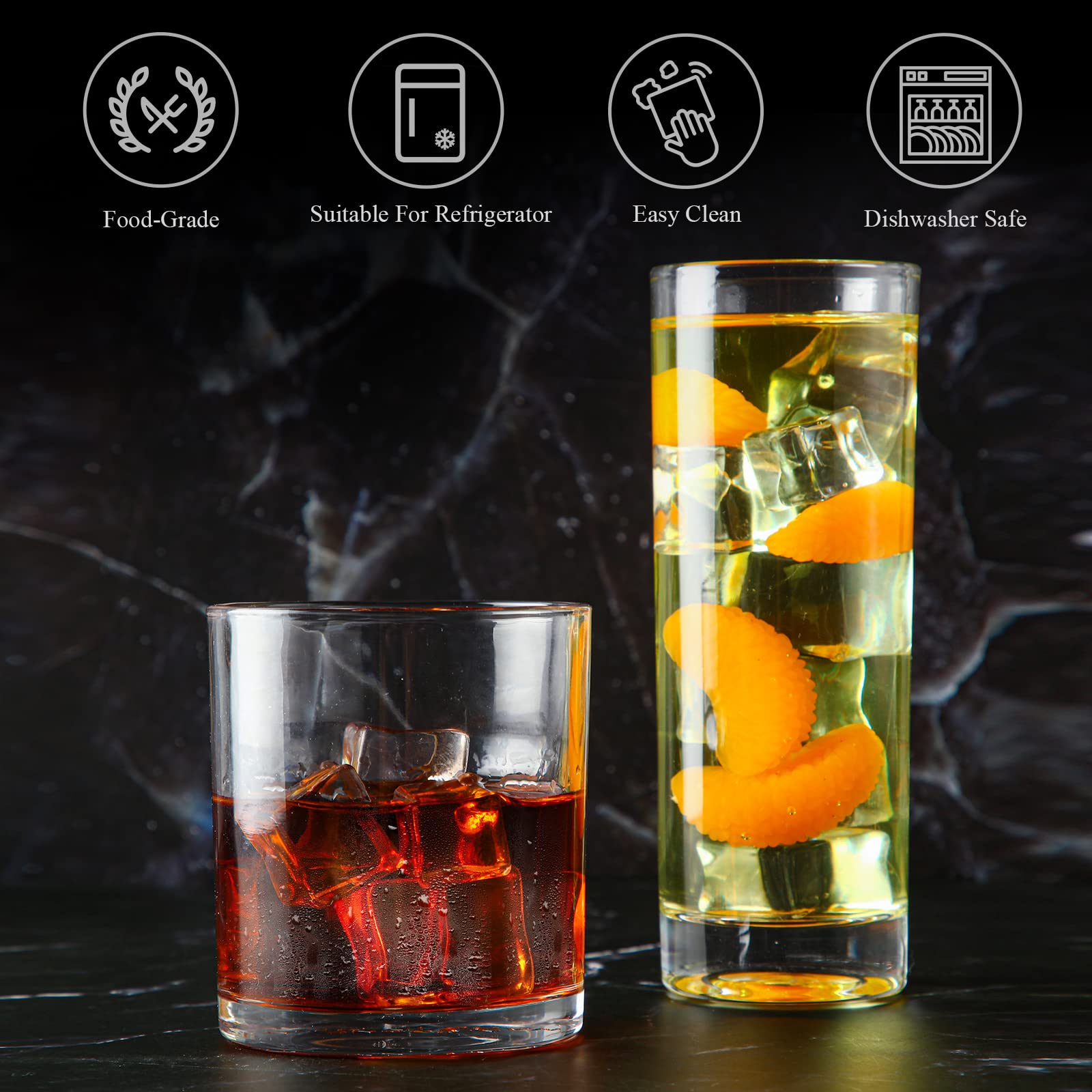 Rtteri 8 Pcs 9.8 oz Drinking Glasses Set, 4 Clear Whiskey Glasses and 4 Highball Glasses, Old Fashioned Cocktail Glasses Bourbon Rocks Glass Cups Tall Crystal Glass for Bar Glassware Water Wine Juice