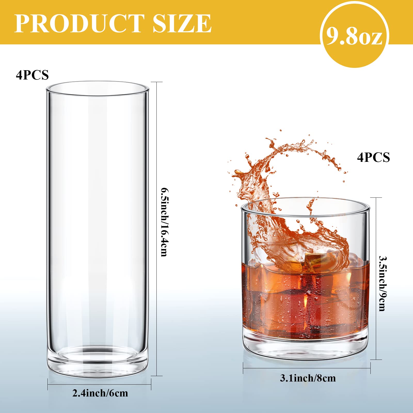 Rtteri 8 Pcs 9.8 oz Drinking Glasses Set, 4 Clear Whiskey Glasses and 4 Highball Glasses, Old Fashioned Cocktail Glasses Bourbon Rocks Glass Cups Tall Crystal Glass for Bar Glassware Water Wine Juice