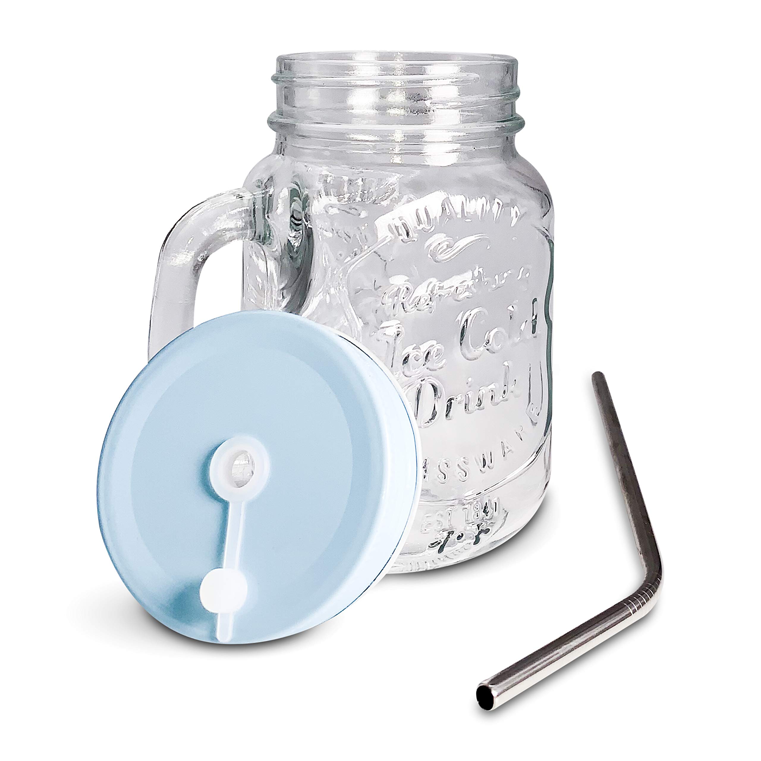 Home Suave Mason Jar Mugs with Handle, Regular Mouth Colorful Lids with 2 Reusable Stainless Steel Straw, Set of 2 (Light Blue), Kitchen GLASS 16 oz Jars,Refreshing Ice Cold Drink & Dishwasher Safe