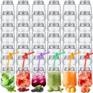 rtteri 50 pack plastic mason jars with lids and straws plastic juice bottles bulk drink containers with aluminum caps clear beverage containers for iced coffee milk tea (12 oz)