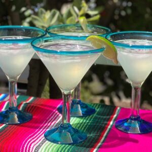 Mexican Hand Blown Glass – Set of 4 Hand Blown Modern Margarita Glasses - Aqua Rim (12 oz)