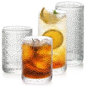 polidream set of 4 vintage embossed glass cups | art deco glassware | 2 tall crystal tumblers & 2 short dof glasses | ideal for whiskey, beer, juice, water | perfect for home, bars, parties
