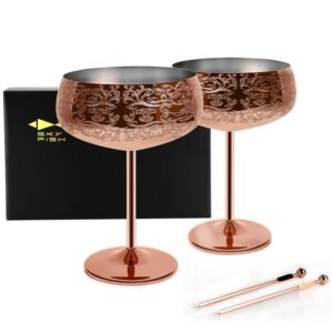 sky fish 14 oz etching martini cocktail glasse,copper plated stainless steel,set of 2 with 2 cocktail picks