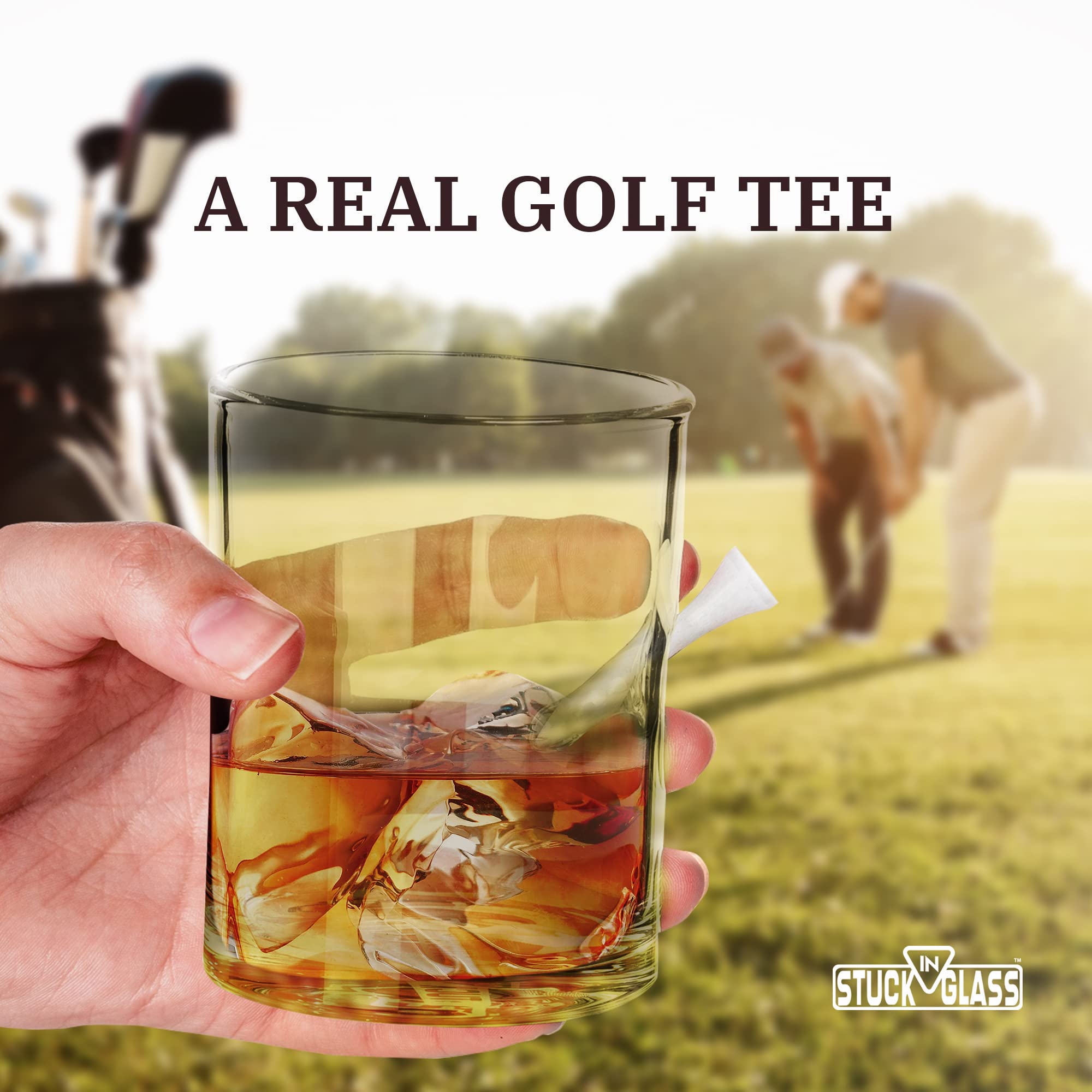 Stuck In Glass - Hole in One Golf Tee Whiskey Glasses - Original Handcrafted Embedded Barware (10 oz) - Ideal for Wine Lovers, Men's Gifts, Boyfriend, and Rocks Drinkware - White