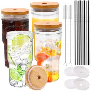 raibeatty 4 pack glass cups,22oz drinking glasses with bamboo lids straws & airtight lids,reusable boba cup bubble tea cup glass tumbler,iced coffee glasses,wide mouth smoothie cups
