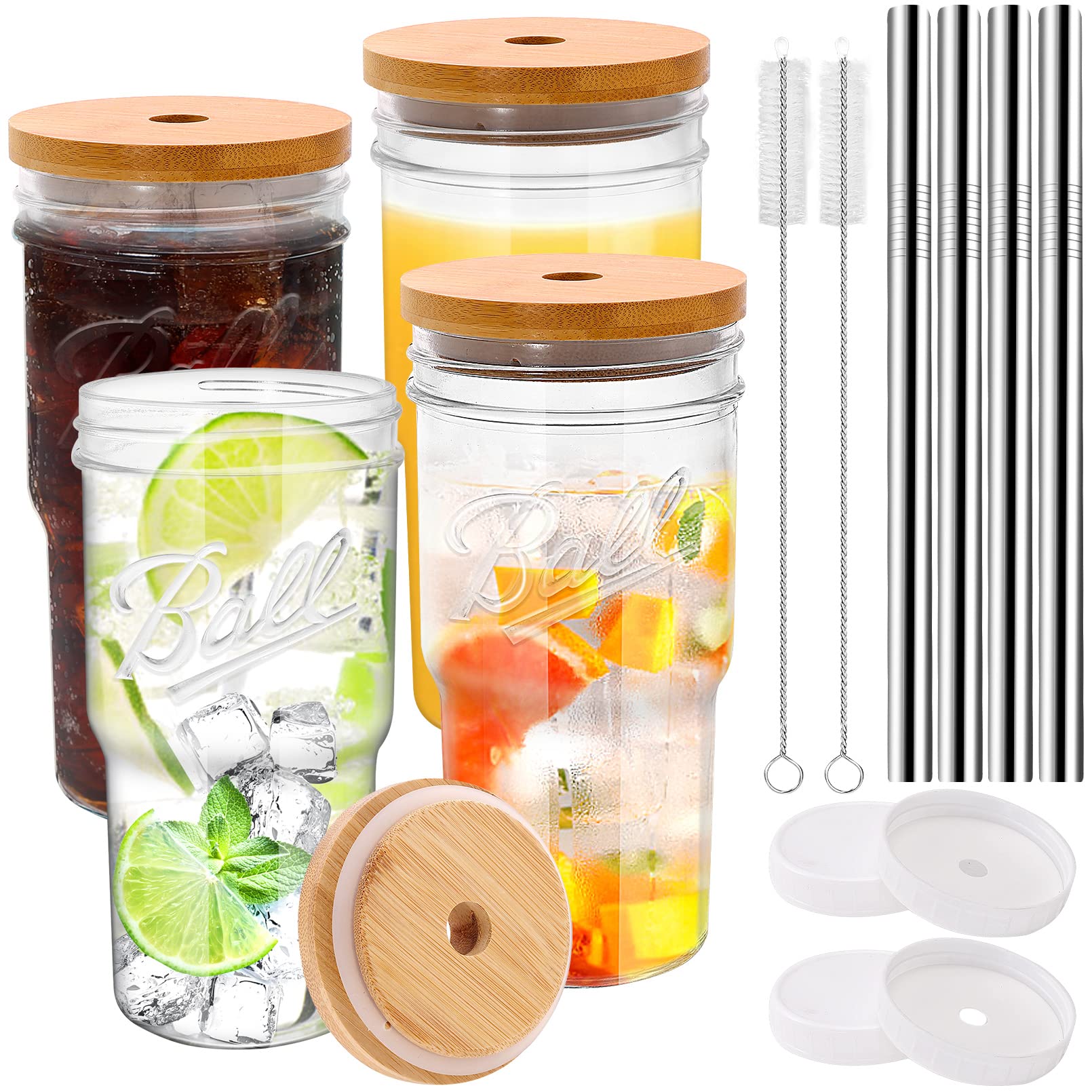 RAIBEATTY 4 Pack Glass Cups,22oz Drinking Glasses with Bamboo Lids Straws & Airtight Lids,Reusable Boba Cup Bubble Tea Cup Glass Tumbler,Iced Coffee Glasses,Wide Mouth Smoothie Cups