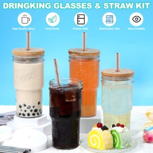 RAIBEATTY 4 Pack Glass Cups,22oz Drinking Glasses with Bamboo Lids Straws & Airtight Lids,Reusable Boba Cup Bubble Tea Cup Glass Tumbler,Iced Coffee Glasses,Wide Mouth Smoothie Cups