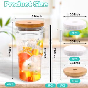 RAIBEATTY 4 Pack Glass Cups,22oz Drinking Glasses with Bamboo Lids Straws & Airtight Lids,Reusable Boba Cup Bubble Tea Cup Glass Tumbler,Iced Coffee Glasses,Wide Mouth Smoothie Cups