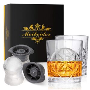 whiskey glasses set of 2 rocks glasses & 2 ice molds, lowball bourbon glass with gift box,10oz cocktail old fashioned glasses for cognac scotch liquor whisky, whiskey valentines day gifts for men