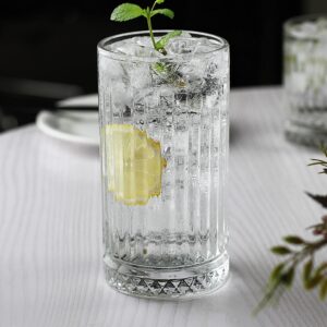 LUXU Highball Glasses 14 fl.oz,Set of 6, Lead-free Drinking Glasses with Heavy Base,Premium Collins Tumblers for Water/Juice/Cocktails/Beverages,Beautiful Striped Look Glassware,Dishwasher Safe