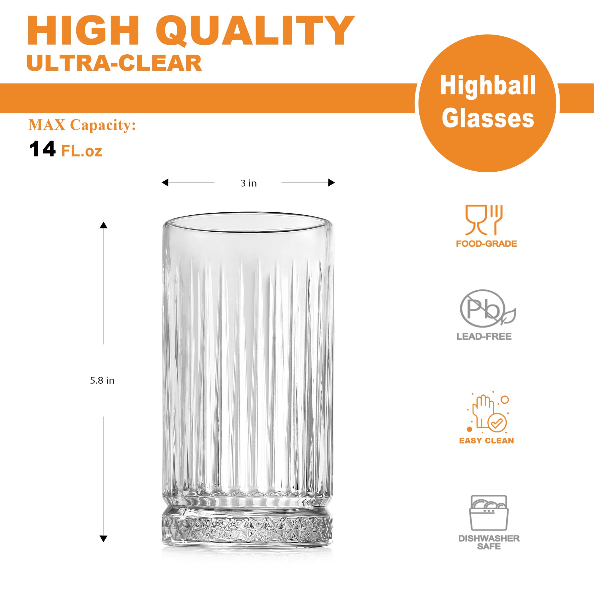 LUXU Highball Glasses 14 fl.oz,Set of 6, Lead-free Drinking Glasses with Heavy Base,Premium Collins Tumblers for Water/Juice/Cocktails/Beverages,Beautiful Striped Look Glassware,Dishwasher Safe