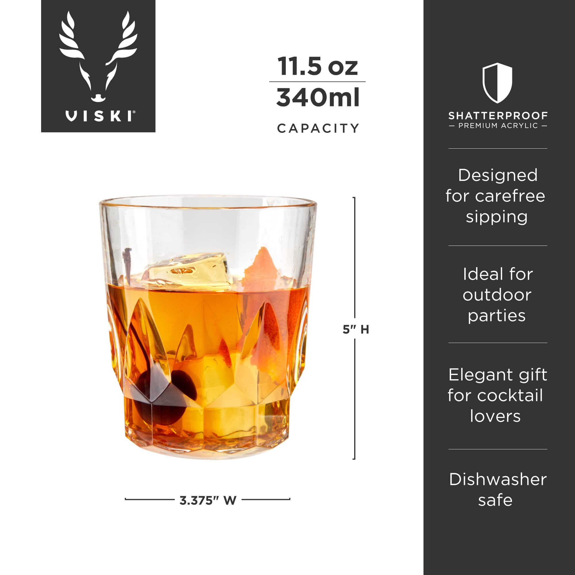 Viski Shatterproof DOF Drinking Glasses - Acrylic Rocks Glasses for Whiskey, Scotch, Bourbon - Dishwasher Safe 11.5oz Set of 4