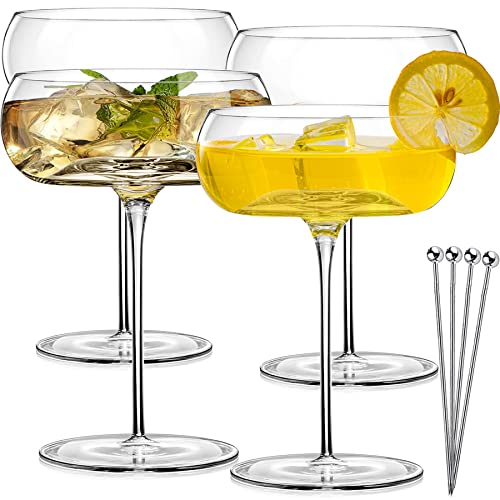 Fluted Martini Glasses Set of 4 Cocktail Glasses Unique Coupe Glass Set with Cocktail Picks, Bar Glassware for Margarita Manhattan Mixed Drinks