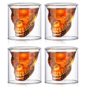 deckaly crystal skull shot glasses double wall glass cup set of 4, 2.5 oz whiskey shot glasses, party & bar decor drinking glassware for whiskey, vodka, and cocktail