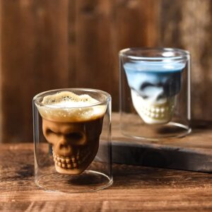 DECKALY Crystal Skull Shot Glasses Double Wall Glass Cup Set of 4, 2.5 oz Whiskey Shot Glasses, Party & Bar Decor Drinking Glassware for Whiskey, Vodka, and Cocktail