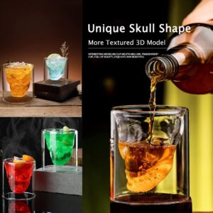 DECKALY Crystal Skull Shot Glasses Double Wall Glass Cup Set of 4, 2.5 oz Whiskey Shot Glasses, Party & Bar Decor Drinking Glassware for Whiskey, Vodka, and Cocktail